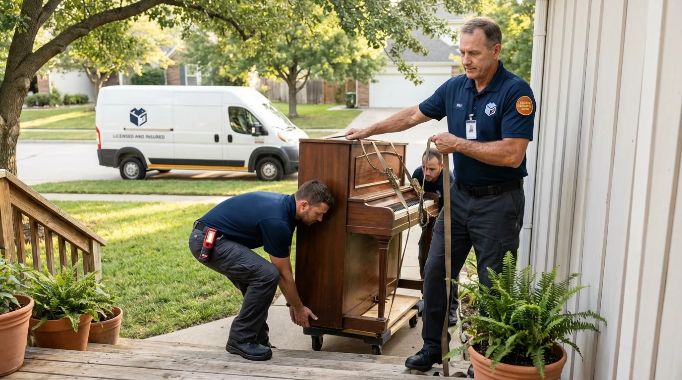Licensed piano movers securing grand piano in Wells, NV